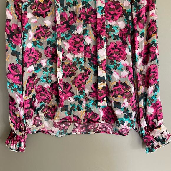 SALONI Emile Floral‎ Print Button Front Silk Top In Blossom Cloudy Rose Size 0 - Picture 9 of 16